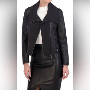 Ookie & Lala Womens Drape Biker Jacket Black Quilted Faux Leather Wing Collar XL